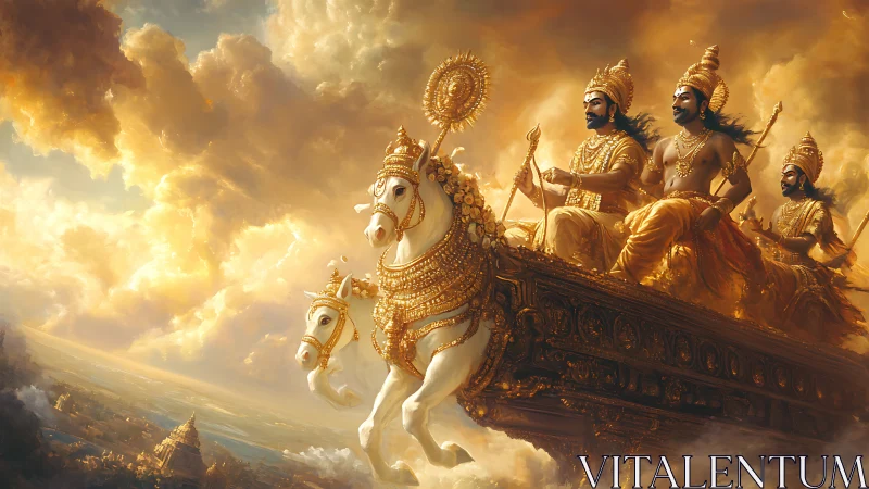 Golden chariot with warrior figures rides through glowing sky