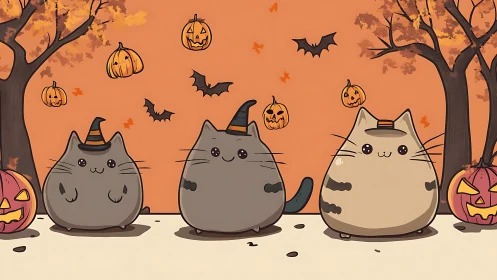 Three Rotund Felines in Halloween Wizard Costumes Amid Autumn Foliage Scene.