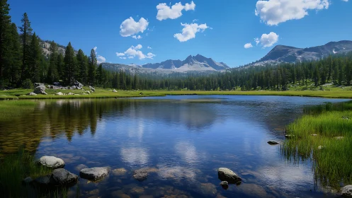 Photorealistic alpine lake panorama with mirrored reflections.