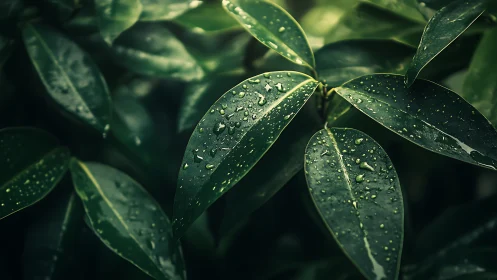 Rain-kissed green leaves glowing softly in quiet light.