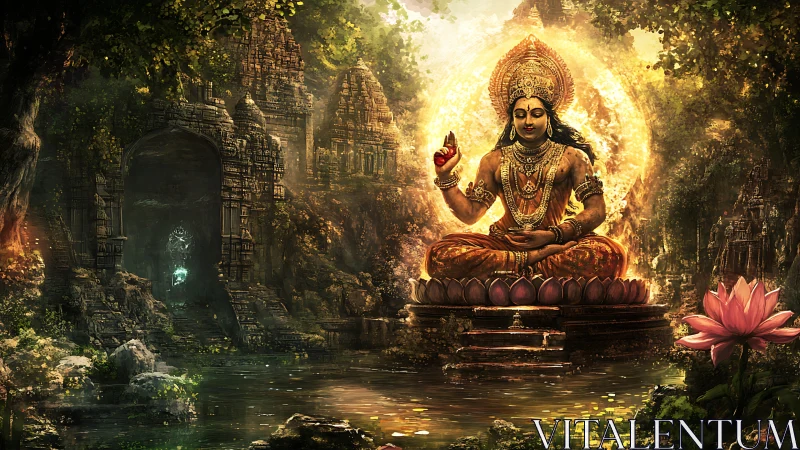 Lotus throne goddess radiating light in jungle-temple hush.
