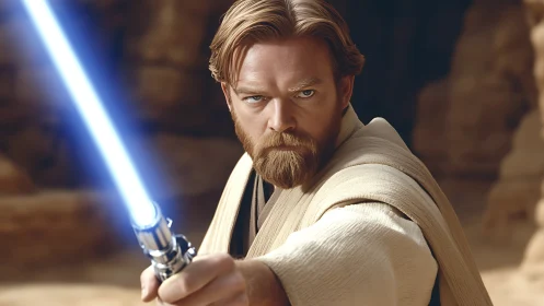 Bearded sci fi warrior wielding blue plasma sword in desert