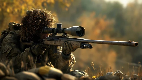 Sniper in Ghillie Suit Aiming Scoped Rifle.