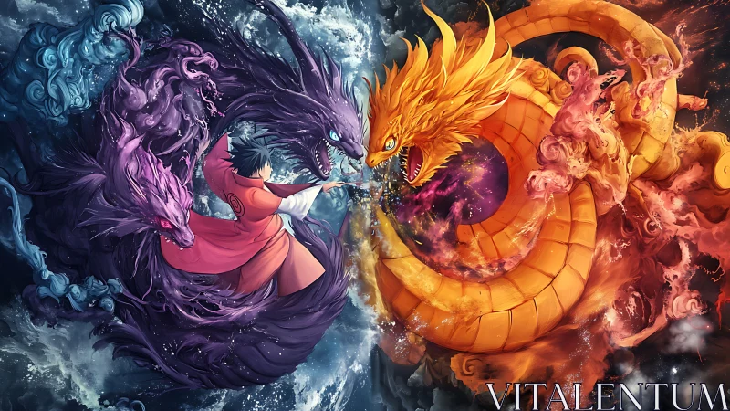 Storm-split seas cradle a mage dueling twin elemental dragons