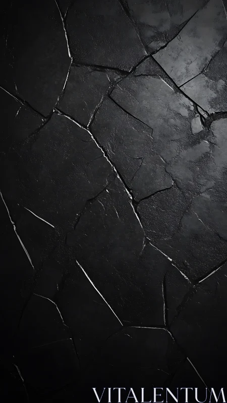 Macro close-up of cracked matte black stone surface texture