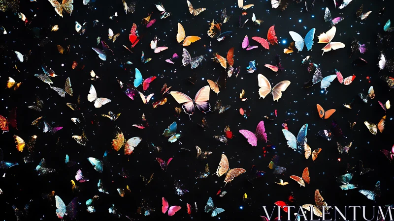 Starlit sky of colorful butterflies drifting in gentle motion.
