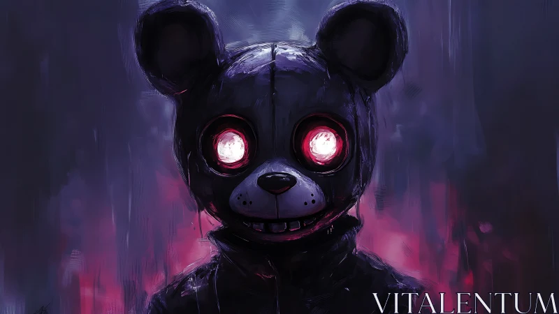 Glowing eyed teddy figure in a moody neon night scene.
