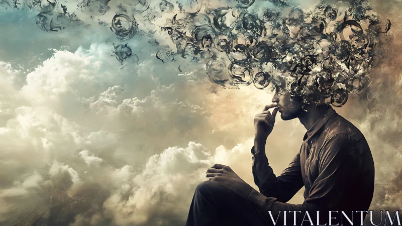 Contemplative figure with turbulent cloudlike thoughts in diffuse light