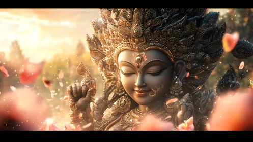 Divine goddess sculpture under golden bokeh light with petals.