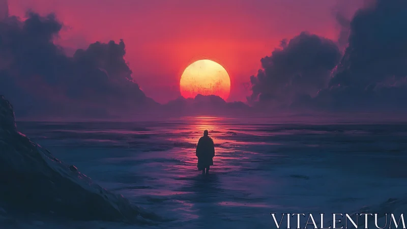 Solitary wanderer walks straight into a molten horizon sun