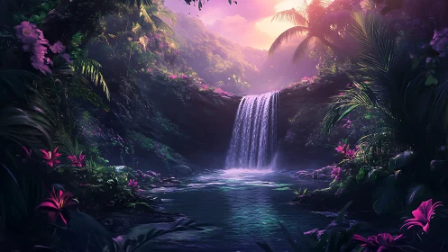 Luminous tropical waterfall amid bioluminescent jungle flora.