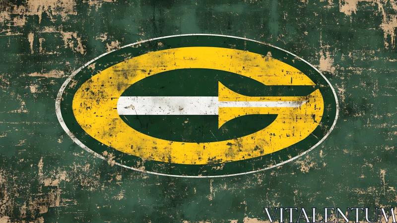 Weathered green and gold football logo on grunge background.