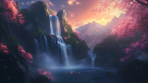 Layered waterfalls under pink blossom canopy at sunset glow