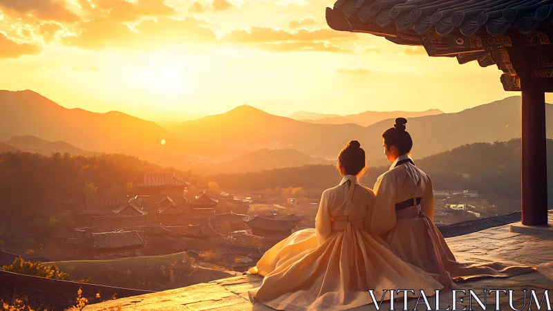 Sunset serenity over Korean hanok village and mountains.