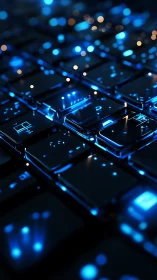 Glowing blue keyboard keys in a cozy digital nightscape.