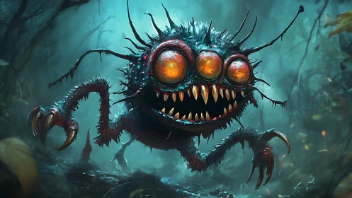 Playful swamp monster with glowing eyes on midnight prowl.