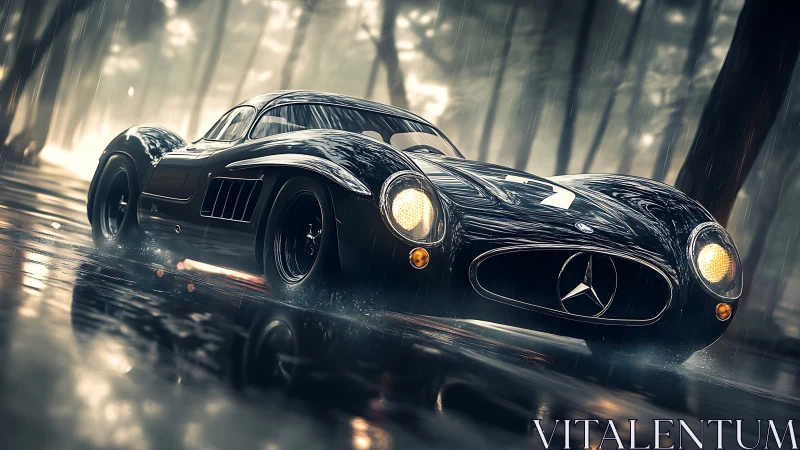 Classic Mercedes racer slices through rain-soaked forest road.
