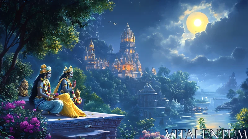 Moonlit divine temple city with serene riverside deities.