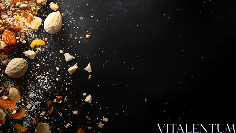 Assorted nuts and crumbs scattered on dark background.