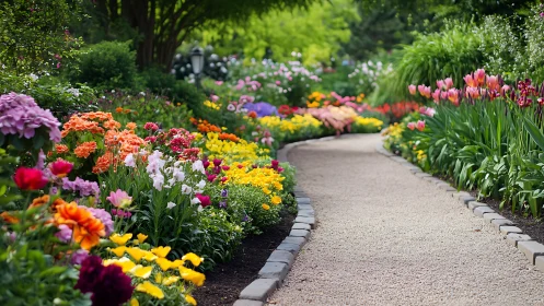 Pathway Through Garden Beds With Diverse Flowering Plants and Hardscape