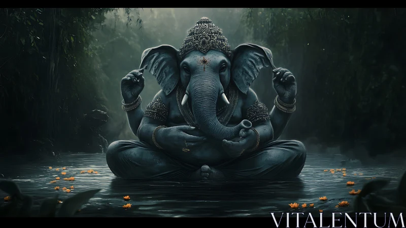 Symmetric riverborne elephant deity in misted jungle dusk.