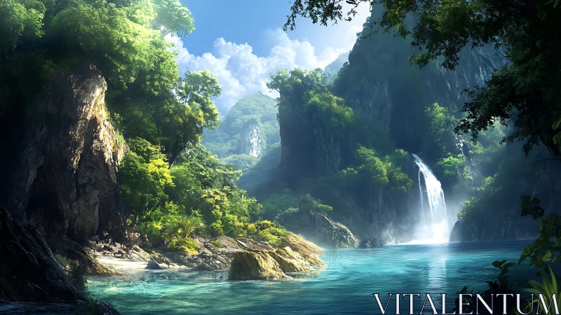 Tropical canyon lagoon with cascading waterfall scene.