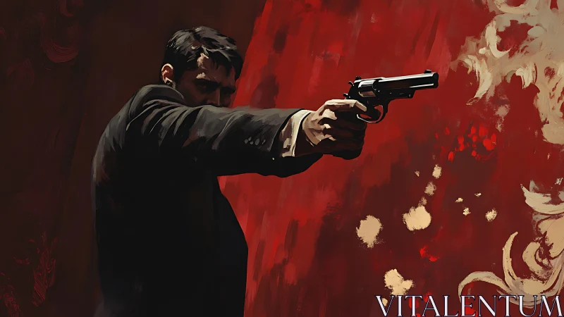 Hitman extends pistol toward target against red abstract field.