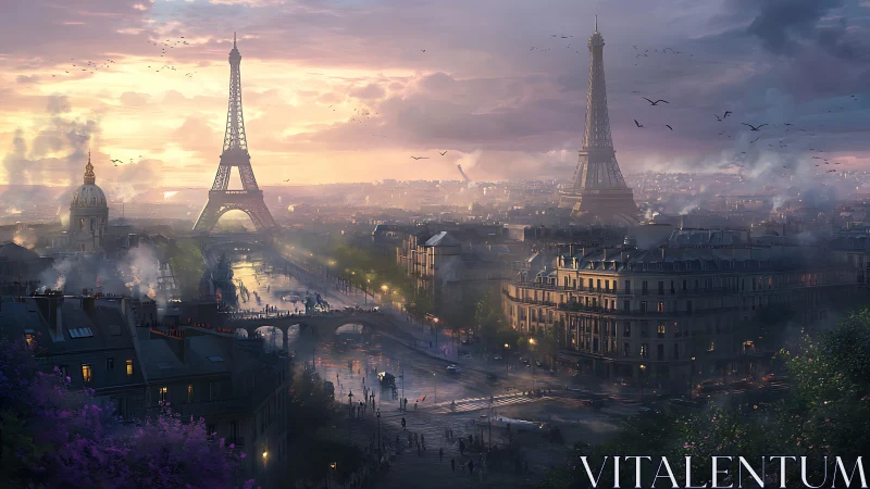 Moody digital cityscape with twin Eiffel Tower structures.