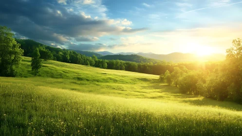 Sunlit grassland slopes downward toward distant forest line