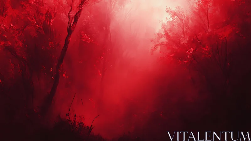 Crimson forest mist under glowing white sky portal.