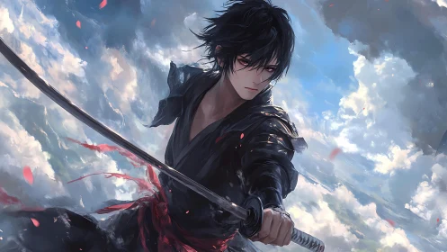 Dark-haired anime swordsman readies a strike in stormy sky.
