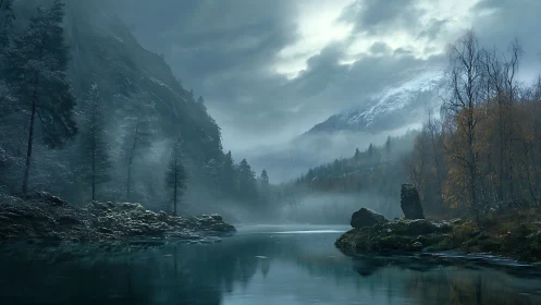 Misty mountain lake reflects brooding winter sky at dawn.
