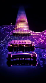 Electric guitar frets glowing in neon violet and gold.