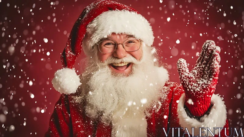 Smiling Santa Claus in red suit waves through falling snow