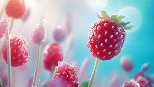 Strawberry lollipop garden in bright candy morning light.