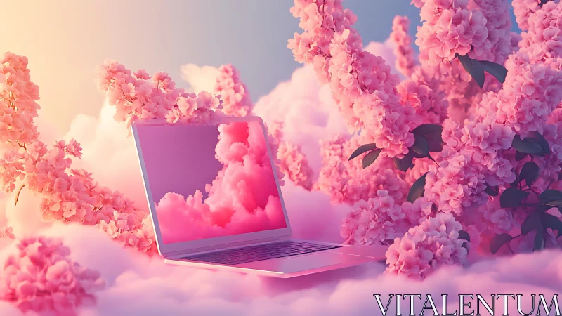 Ultralight laptop in pink cloudscape with blooming florals