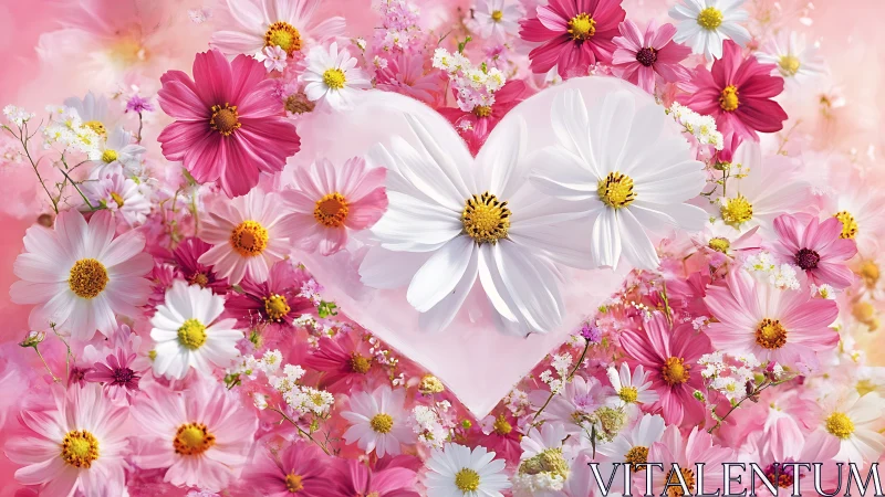Heart-shaped White Cosmos Bloom Surrounded by Pink Flowers