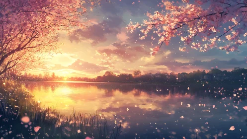 Cherry blossom lake sunset with glowing reflections and petals.