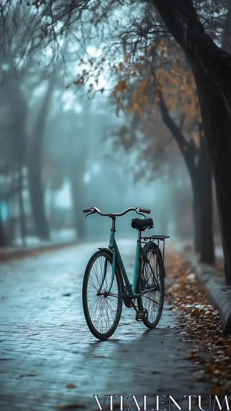 Green bicycle on wet tree-lined pathway in fog.