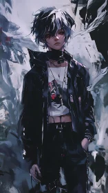 Storm-lit street urchin in midnight leather resolve.