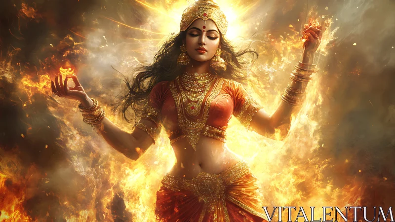 Hindu fire goddess emerges radiant within swirling flames.