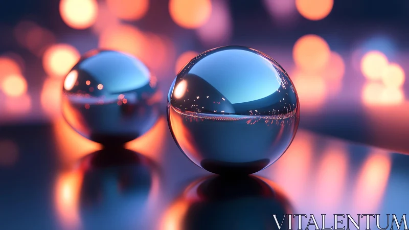 Chrome orbs bask in neon twilight over liquid light reflections.