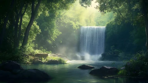 Waterfall in Dense Forest with Misty Atmospheric Conditions.