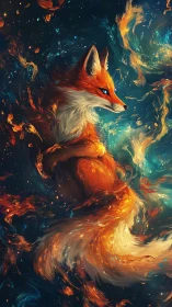 Celestial fire fox amid swirling nebulae and cosmic embers