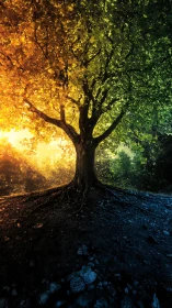 Radiant seasonal spectrum tree over divided earth mound.