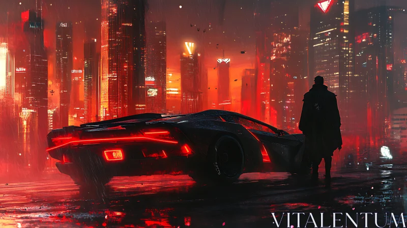 Lone figure and neon supercar in rainy cyberpunk city.