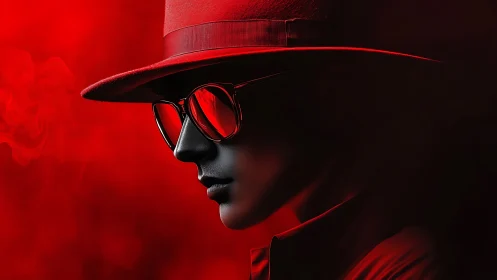 Crimson shadow agent in mirrored shades and smoke glow.