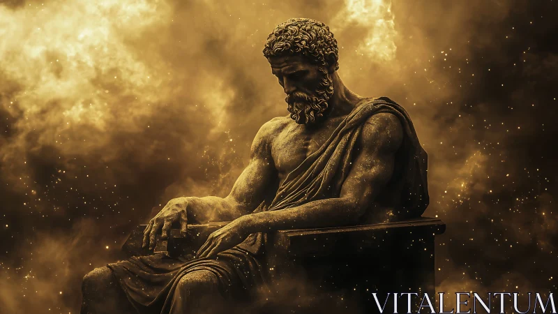 Golden contemplative statue resting in a glowing cosmic haze.