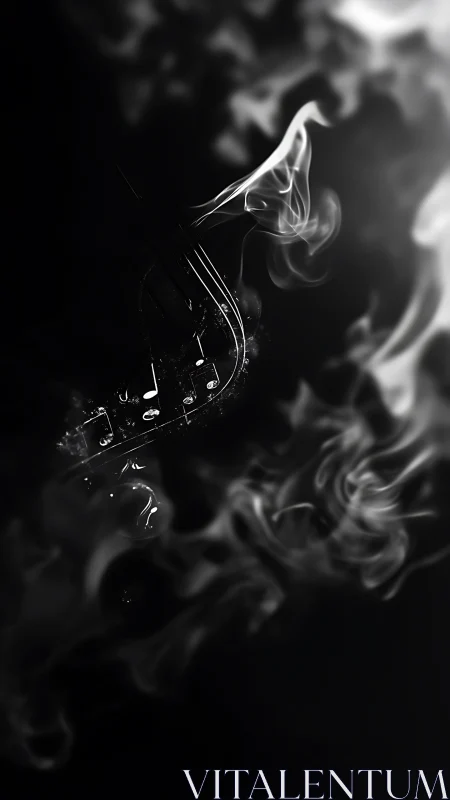 Burning musical note dissolves into drifting monochrome smoke