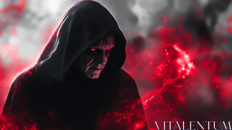 Dark hooded sorcerer gazes through swirling crimson fire